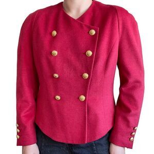 Vintage Womens 80s Louis Feraud Wool Cashmere Blend Red Double Breasted Blazer